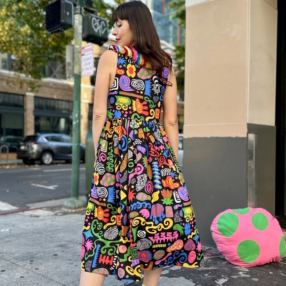 Nooworks Linen Naomi Midi Dress Party Mix Print Size Medium Made in USA - Picture 2 of 10